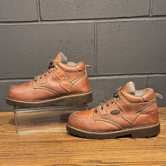 Y2K 90's Vintage LUGZ Chunky Brown Leather Moc Toe Lace Up Boots